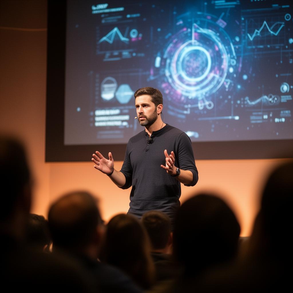 Fundador presentando en un evento de Boston Tech Week con visualizaciones de datos en pantalla